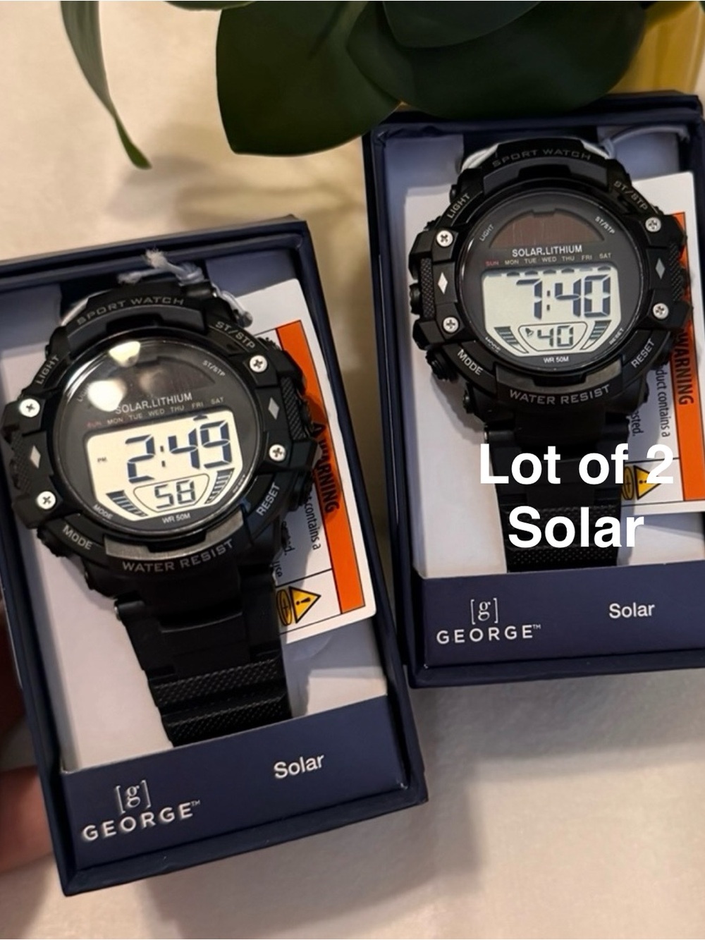 George Mens Solar Digital Wristwatch Plastic Strap, Black, Lot of 2